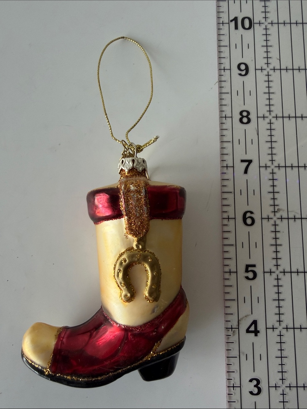 SCF Red and Cream Glass Cowboy Boot Holiday Ornament